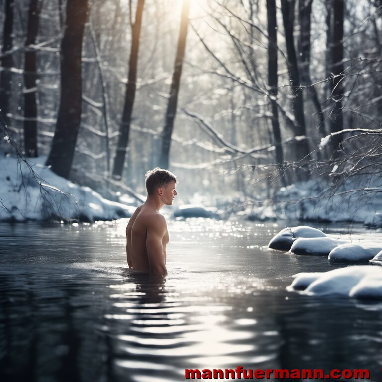 12. Ein junger Mann hält es für eine gute Idee in einem eiskalten Fluß zu baden.