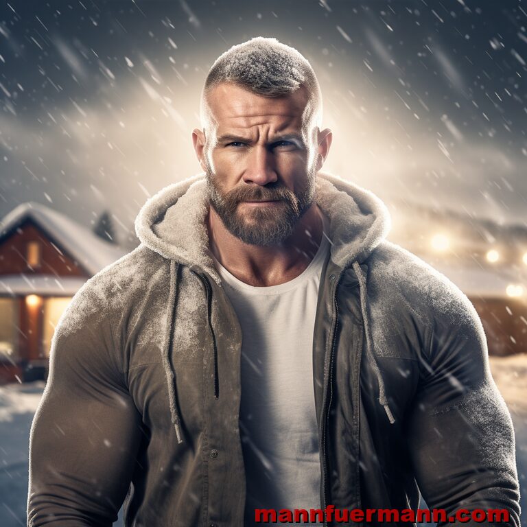 1. Ein muskulöser Kerl trotzt einem Schneesturm.