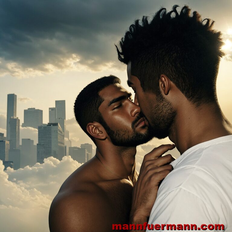 19. Hoch über der wolkigen Stadt küssen sich zwei Männer.