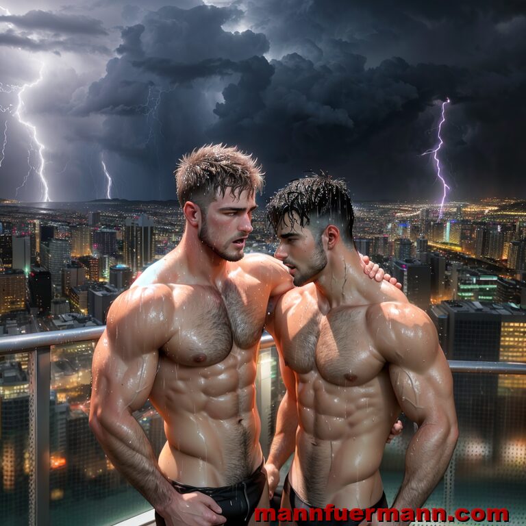 9. Während eines Gewitters stehen zwei junge athletische Männer auf einem hochgelegen Balkon.