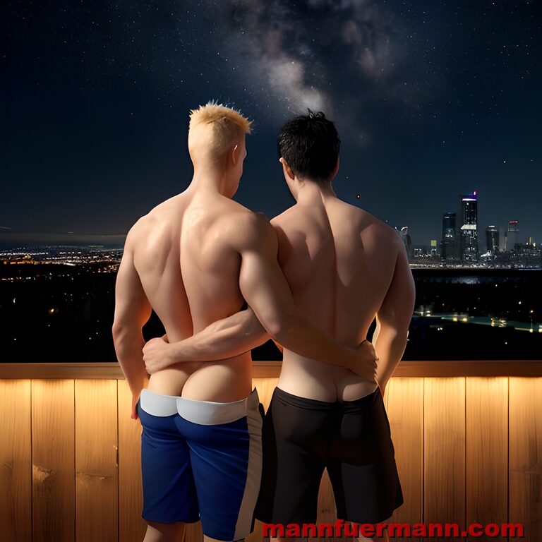 6. Zwei junge Männer schauen mit halb heruntergelassenen Hosen auf die nächtliche Stadt herab.