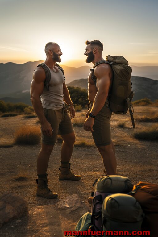 6. Zwei ältere muskulöse Männer auf einer Bergwanderung lächeln sich gegenseitig an, während im Hintergrund die Sonne untergeht.