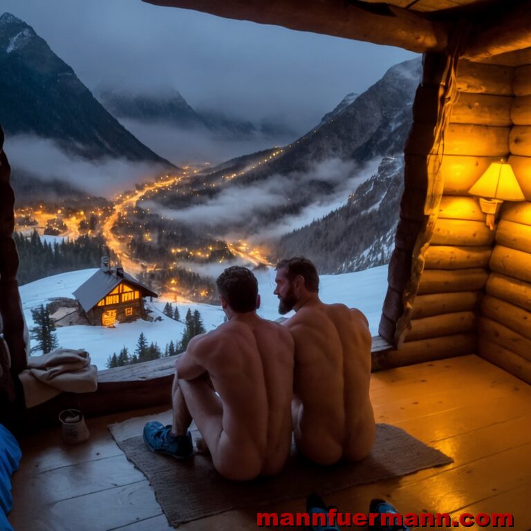 14. Zwei athletische Männer sitzen nackt in einer Berghütte und schauen hinunter ins Dorf.