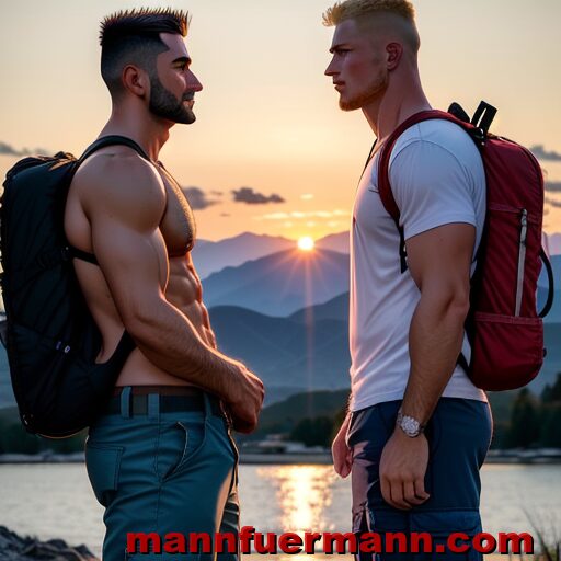 5. Zwei junge muskulöse Männer sehen sich tief in die Augen während hinter ihnen die Sonne hinter den Bergen verschwindet.