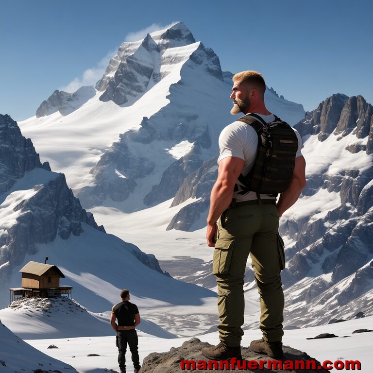 3. Zwei muskulöse Bergwanderer erreichen eine Hütte.