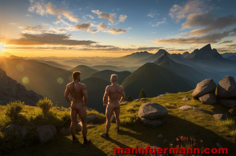 16. Zwei muskulöse Wanderer stehen nackt auf einer Bergwiese und geniessen die Aussicht.